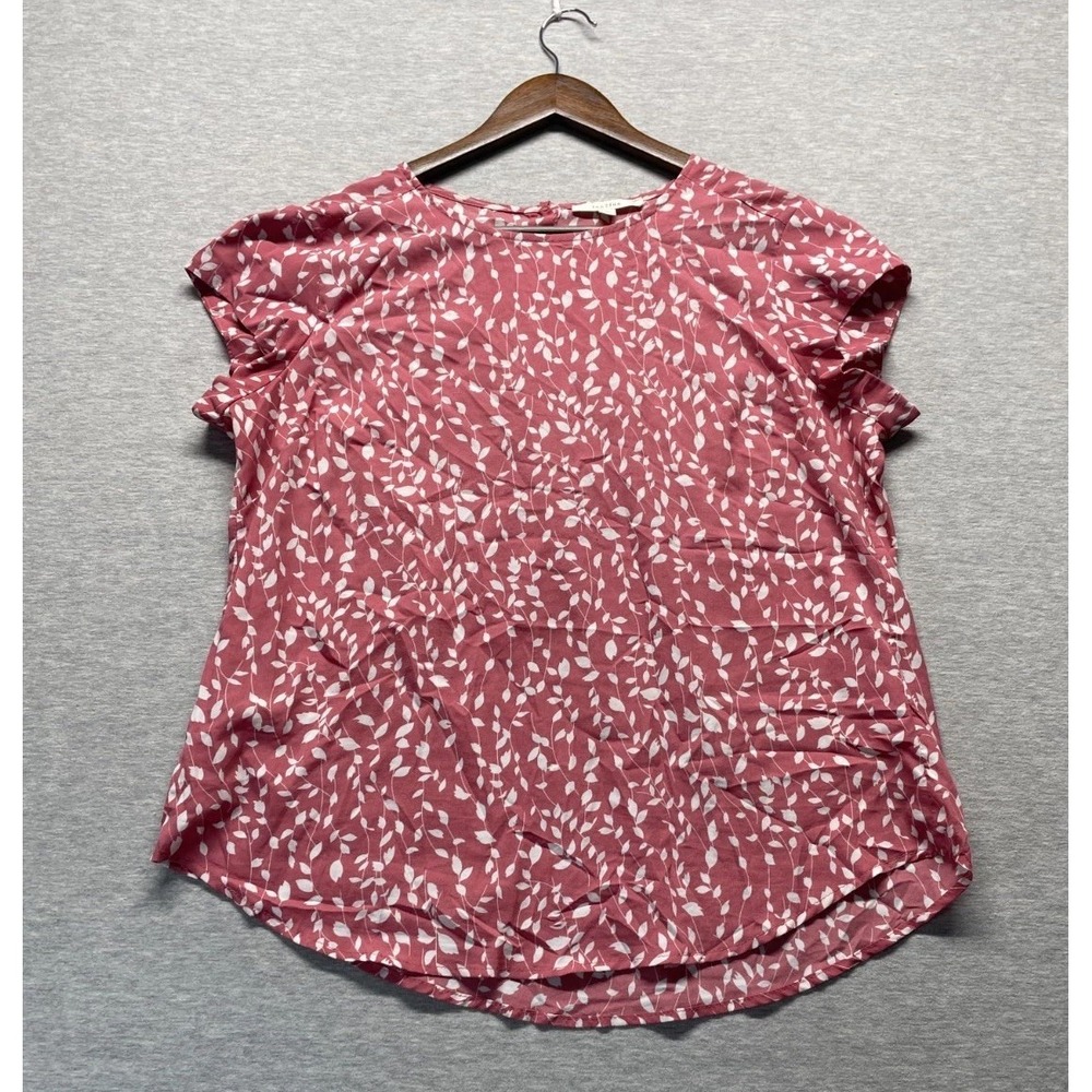 Fun 2 Fun Blouse Top Womens Large Mauve Pink White Allover Leaf Print Cap Sleeve